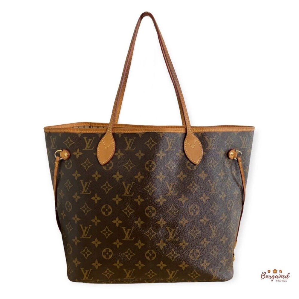 Authentic LOUIS VUITTON Brown Monogram Canvas Leather Neverfull MM Tote Bag